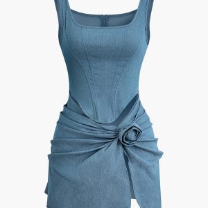 3D Flower Ruched Denim Dress - Y2K Aesthetic Cute Dress for Stylish Outfits