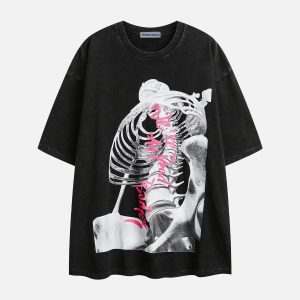 3D Skeleton Print Washed Tee - Y2K Grunge Aesthetic Top for Unique Style Lovers