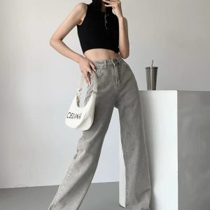 Acubi Y2K Straight Leg Gray Jeans for Trendy Grunge and Coquette Aesthetic Outfits