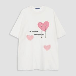 Applique Heart Chain Tee - Y2K Aesthetic Cute Top for Coquette and Grunge Styles