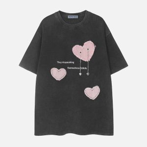 Applique Heart Chain Tee - Y2K Aesthetic Cute Top for Coquette and Grunge Styles