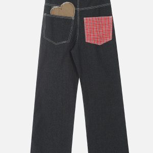 Applique Plaid Heart Jeans - Y2K Aesthetic Denim with Cute Coquette Style Details