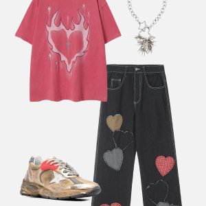 Applique Plaid Heart Jeans - Y2K Aesthetic Denim with Cute Coquette Style Details