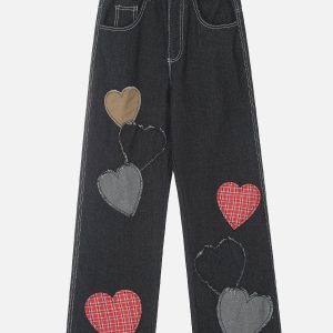 Applique Plaid Heart Jeans - Y2K Aesthetic Denim with Cute Coquette Style Details