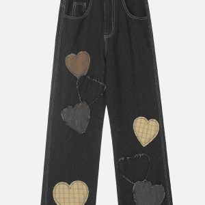 Applique Plaid Heart Jeans - Y2K Aesthetic Denim with Cute Coquette Style Details