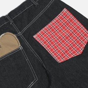 Applique Plaid Heart Jeans - Y2K Aesthetic Denim with Cute Coquette Style Details