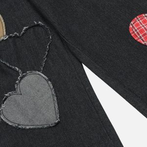 Applique Plaid Heart Jeans - Y2K Aesthetic Denim with Cute Coquette Style Details