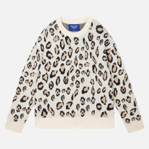 Apricot Leopard Print Sweater - Y2K Aesthetic Cozy Top for Cute Outfits and Fall Fashion