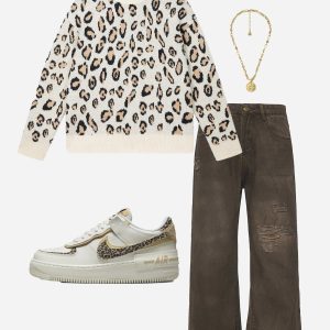 Apricot Leopard Print Sweater - Y2K Aesthetic Cozy Top for Cute Outfits and Fall Fashion