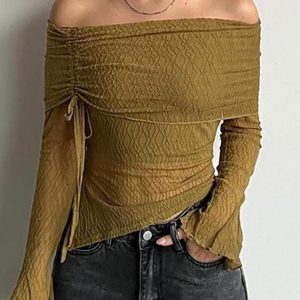 Asymmetrical Tie Mesh Top - Y2K Fashion Off Shoulder Cute Aesthetic Top for Trendy Outfits