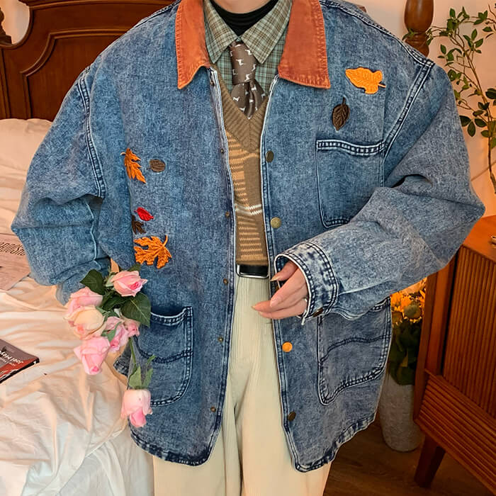 Autumn Leaves Embroidered Denim Jacket - Y2K Aesthetic Outerwear for Cozy Fall Vibes