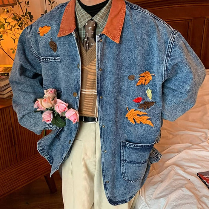 Autumn Leaves Embroidered Denim Jacket - Y2K Aesthetic Outerwear for Cozy Fall Vibes