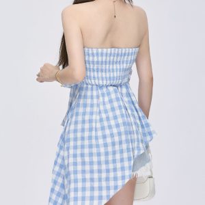 Baby Blue Plaid Off Shoulder Top - Y2K Aesthetic Cute Crop for Coquette Style Outfits