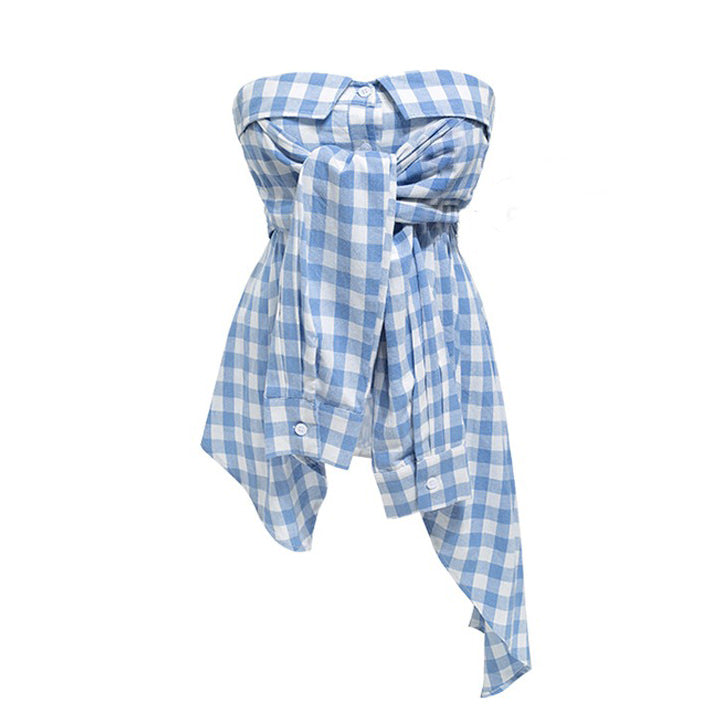 Baby Blue Plaid Off Shoulder Top - Y2K Aesthetic Cute Crop for Coquette Style Outfits