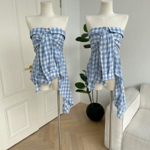 Baby Blue Plaid Off Shoulder Top - Y2K Aesthetic Cute Crop for Coquette Style Outfits