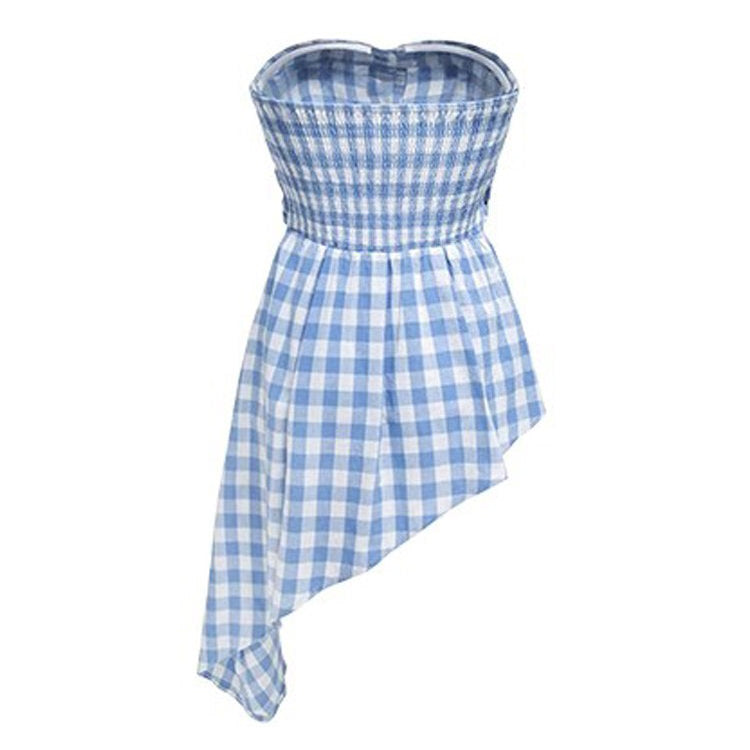 Baby Blue Plaid Off Shoulder Top - Y2K Aesthetic Cute Crop for Coquette Style Outfits