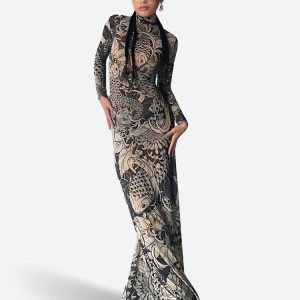 Baddie Aesthetic Tattoo Maxi Dress for Trendy Y2K Fashion Lovers