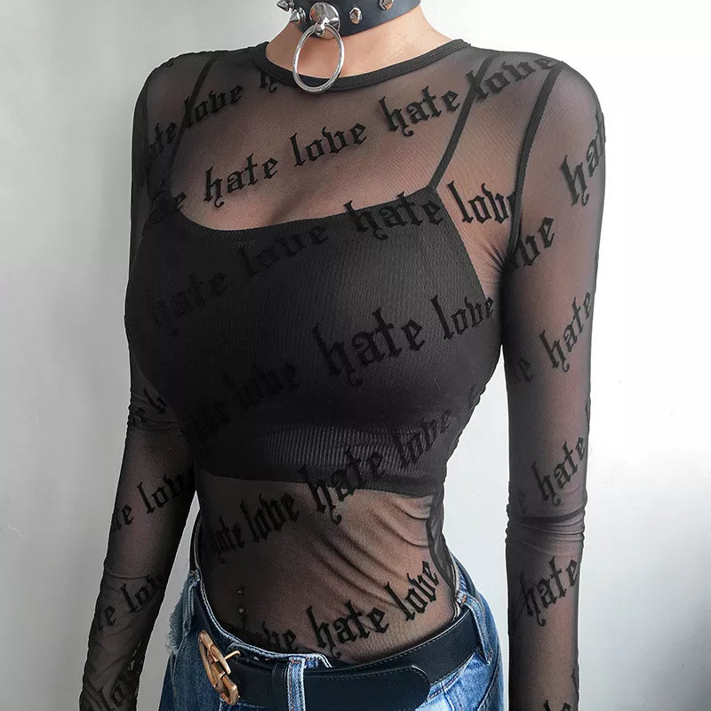 Baddie Love Hate Sheer Mesh Top - Y2K Aesthetic Grunge Style Cute Crop Top