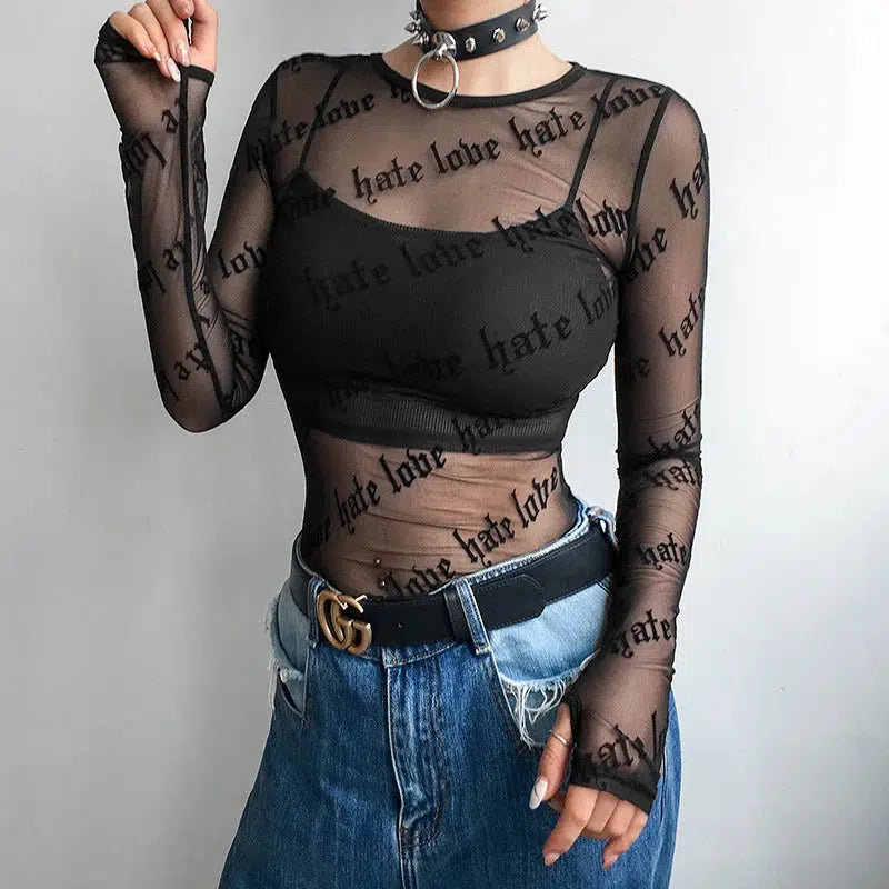 Baddie Love Hate Sheer Mesh Top - Y2K Aesthetic Grunge Style Cute Crop Top