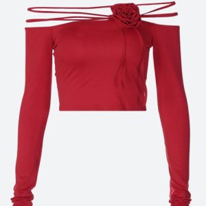 Baddie Rose Asymmetric Off-Shoulder Top for Y2K Aesthetic and Coquette Style Outfits