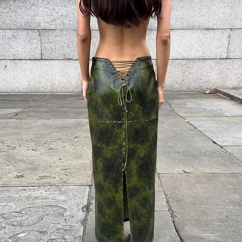 Baddie Y2K Leaf Lace-Up Split Maxi Skirt for Trendy Aesthetic Outfits