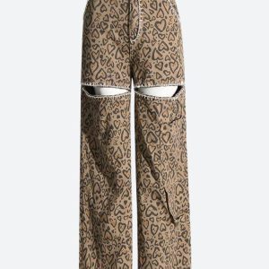 Baddie Y2K Leopard Cut-Out Pants with Embellishments for Trendy Aesthetic Outfits