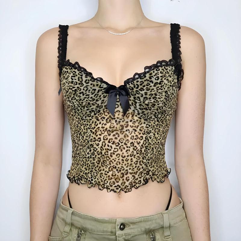 Baddie Y2K Leopard Mesh Top for Edgy Aesthetic Outfits and Trendy Looks