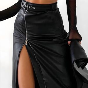 Baddie Y2K Zip-Up Slit Midi Skirt for Trendy Grunge and Coquette Aesthetic Outfits