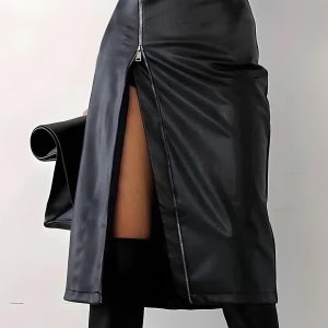 Baddie Y2K Zip-Up Slit Midi Skirt for Trendy Grunge and Coquette Aesthetic Outfits