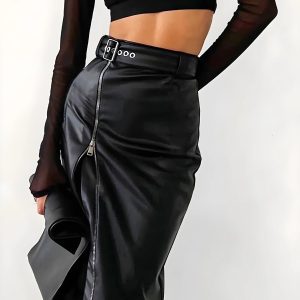 Baddie Y2K Zip-Up Slit Midi Skirt for Trendy Grunge and Coquette Aesthetic Outfits