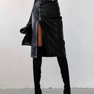 Baddie Y2K Zip-Up Slit Midi Skirt for Trendy Grunge and Coquette Aesthetic Outfits