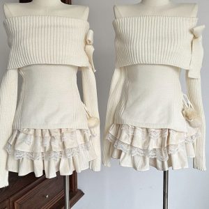 Balletcore Off-Shoulder Sweater: Y2K Aesthetic Knit Top for Cozy Chic Style