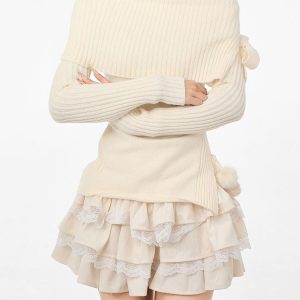 Balletcore Off-Shoulder Sweater: Y2K Aesthetic Knit Top for Cozy Chic Style