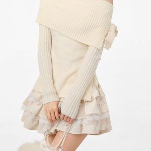 Balletcore Off-Shoulder Sweater: Y2K Aesthetic Knit Top for Cozy Chic Style