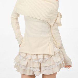 Balletcore Off-Shoulder Sweater: Y2K Aesthetic Knit Top for Cozy Chic Style