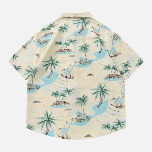 Beach Print Y2K Aesthetic Short Sleeve Shirt - Cute Summer Top for Trendy Outfits