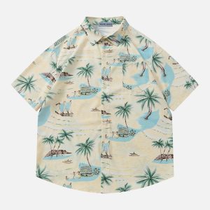 Beach Print Y2K Aesthetic Short Sleeve Shirt - Cute Summer Top for Trendy Outfits