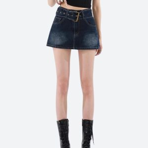 Belted Grunge Denim Mini Skirt - Y2K Aesthetic Fashion for Trendy Outfits