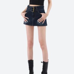 Belted Grunge Denim Mini Skirt - Y2K Aesthetic Fashion for Trendy Outfits