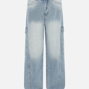 Big Pocket Washed Loose Jeans - Y2K Style with Comfy Fit and Aesthetic Appeal