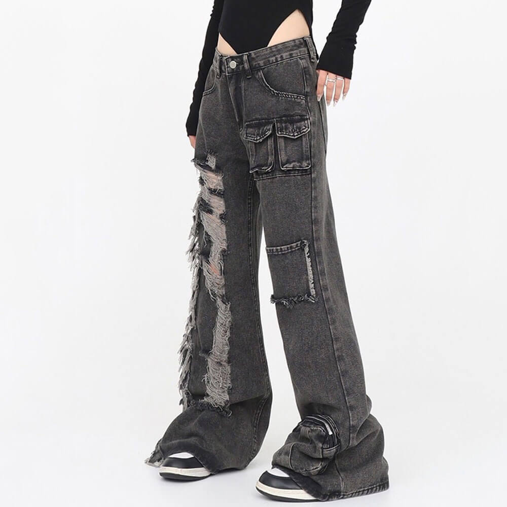 Black Grunge Ripped Jeans for Y2K Aesthetic Outfits and Edgy Fashion Styles