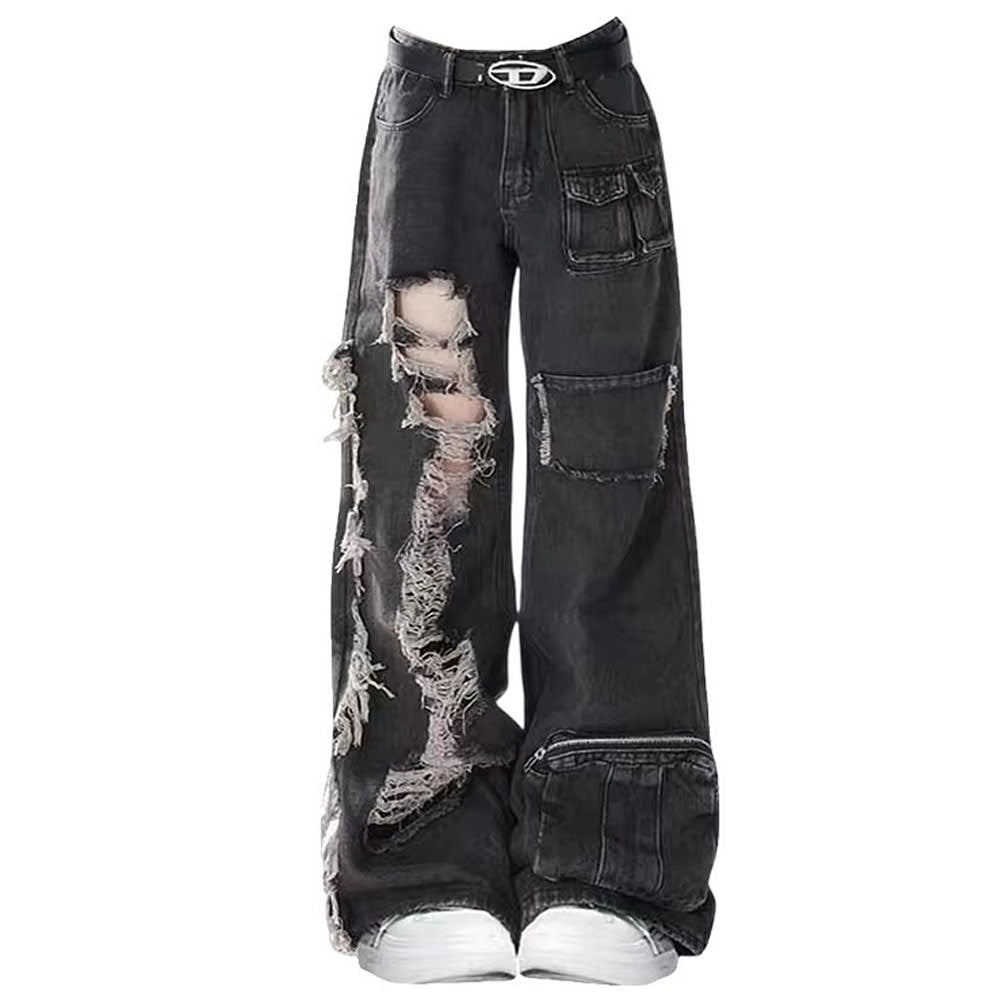 Black Grunge Ripped Jeans for Y2K Aesthetic Outfits and Edgy Fashion Styles