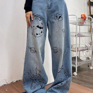 Blue Grunge Aesthetic Cat Jeans - Y2K Style with Cute Cat Print for Trendy Outfits