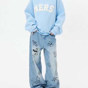 Blue Grunge Aesthetic Cat Jeans - Y2K Style with Cute Cat Print for Trendy Outfits