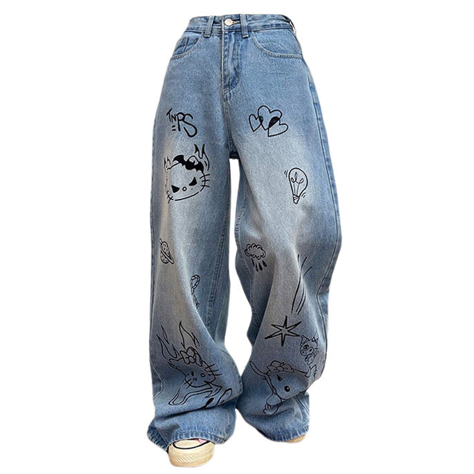 Blue Grunge Aesthetic Cat Jeans - Y2K Style with Cute Cat Print for Trendy Outfits