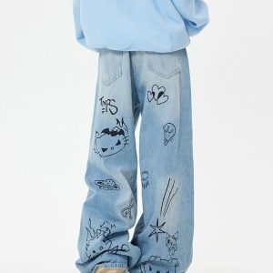 Blue Grunge Aesthetic Cat Jeans - Y2K Style with Cute Cat Print for Trendy Outfits