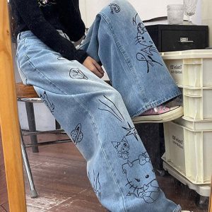 Blue Grunge Aesthetic Cat Jeans - Y2K Style with Cute Cat Print for Trendy Outfits