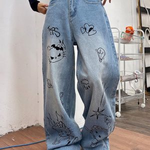 Blue Grunge Aesthetic Cat Jeans - Y2K Style with Cute Cat Print for Trendy Outfits