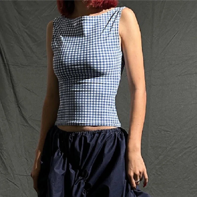 Blue Moon Plaid Backless Top - Y2K Aesthetic Cute Crop Top for Coquette Style Outfits