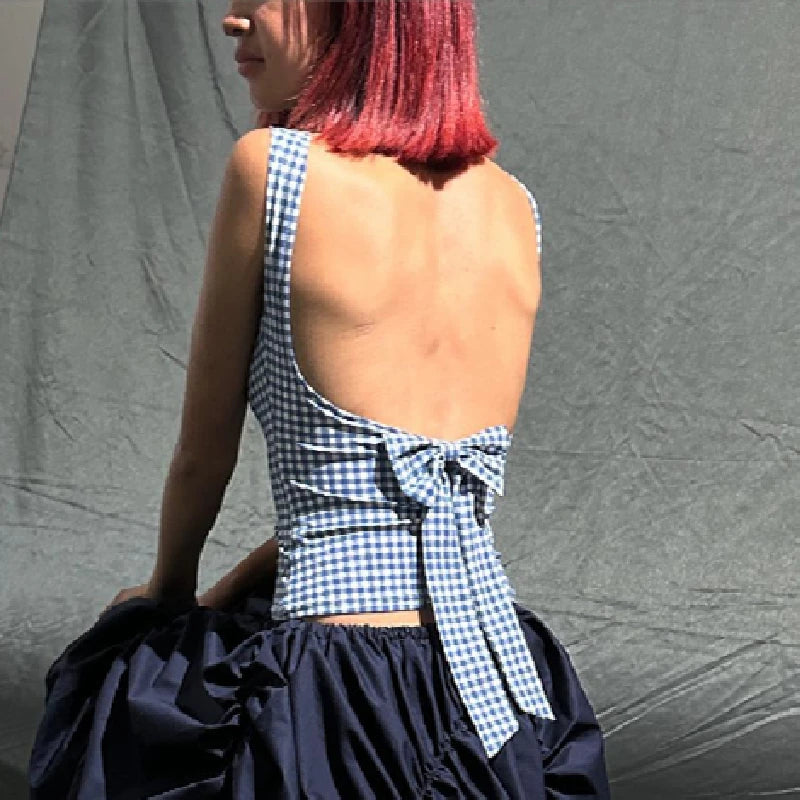 Blue Moon Plaid Backless Top - Y2K Aesthetic Cute Crop Top for Coquette Style Outfits